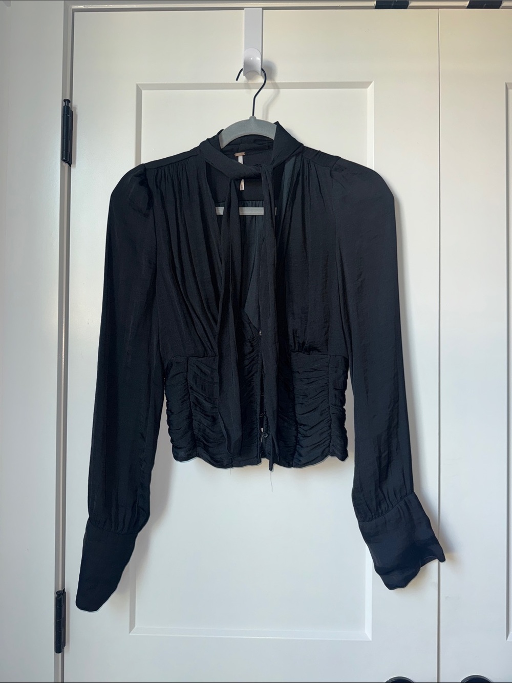 Free People Black Long Sleeve Tie-Neck Blouse